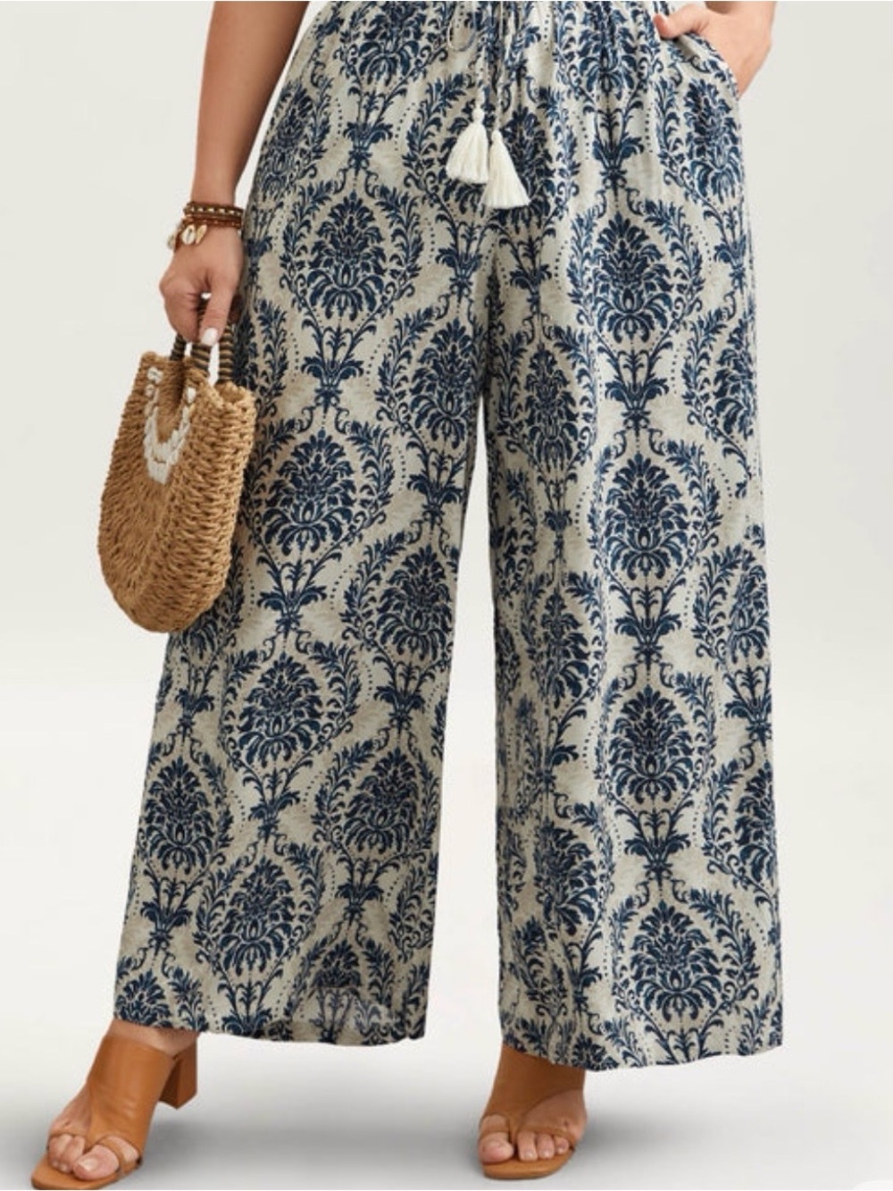 BloomChic Blue and Beige Wide-Leg Printed Linen Pants